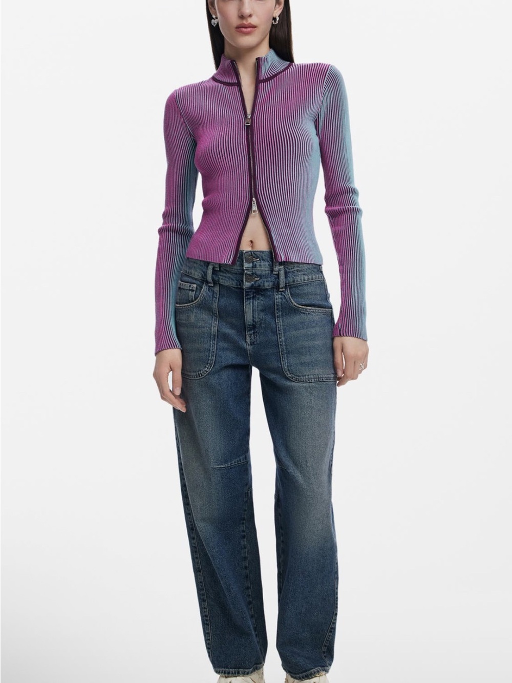Desigual Ribbed Zip-Up Turtleneck Sweater in Purple and Teal - Picture 3 of 13